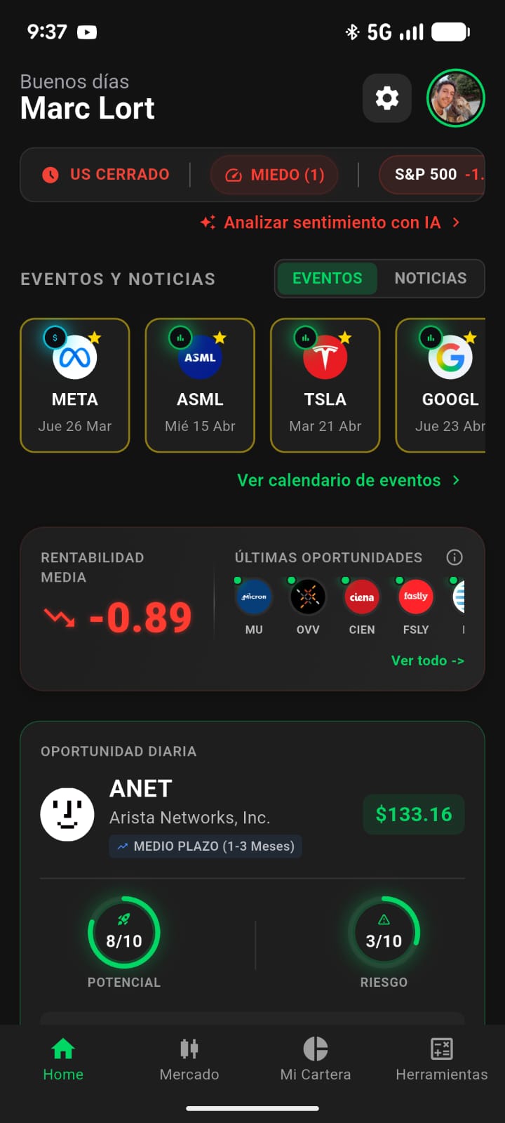 TrAIdeo - Pantalla de inicio con resumen de mercado