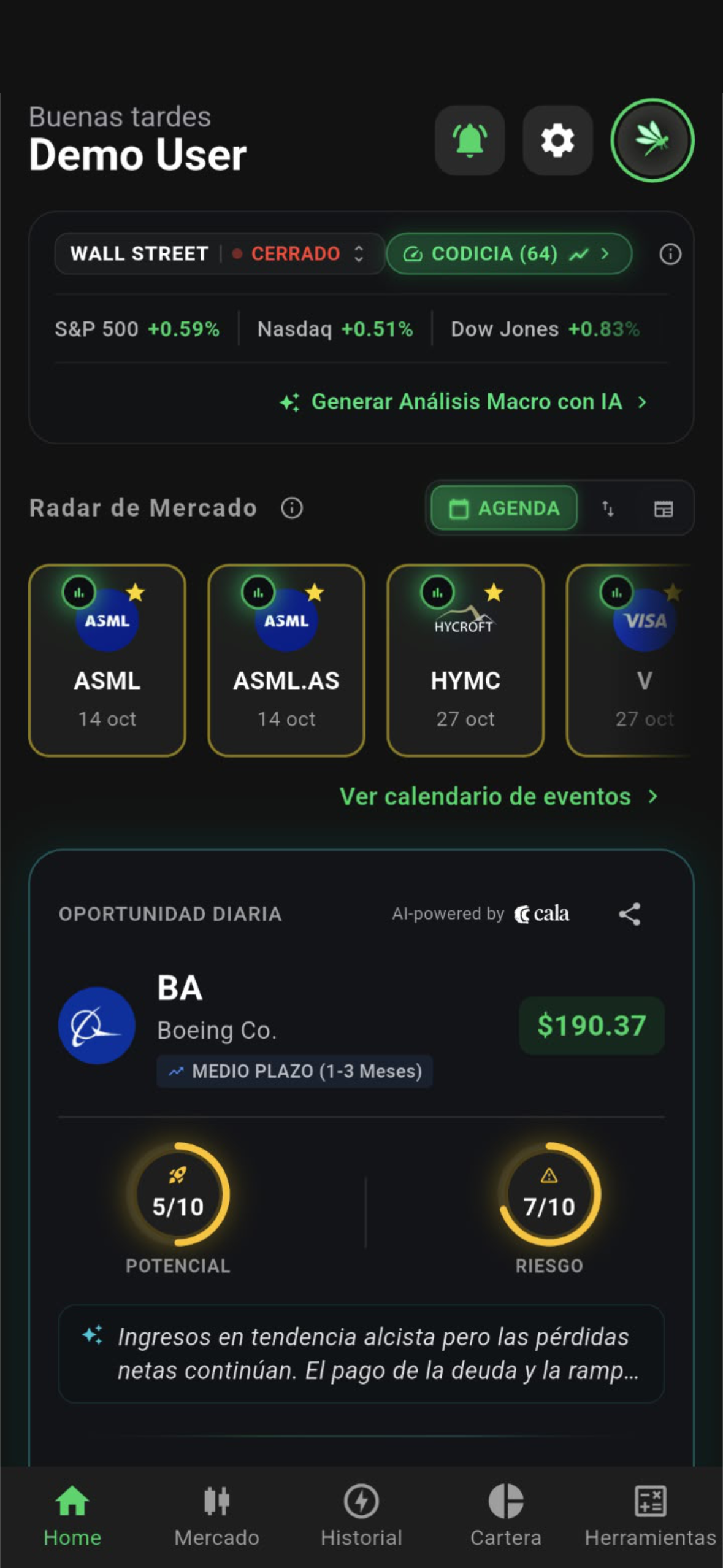 Pulso del Mercado e Índices Globales en la pantalla de inicio de TrAIdeo